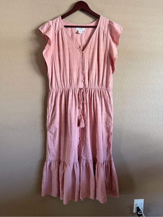 Lucky Brand Dresses & Skirts - Lucky Brand Blush Pink Button Front Maxi Dress with Tassel Tie & Pockets Size XL